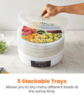 Total Game Changer Digital Food Dehydrator With Five Roomy Trays Variable Heat Controls And An Easy Forty Eight Hour Timer So You Can Turn Out Crispy Snacks Smooth Jerky And Dried Herbs Daily, featuring five stackable trays with mixed fruits and vegetables.