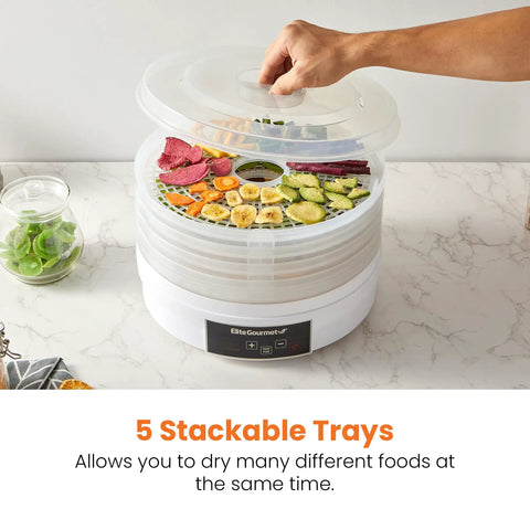 Total Game Changer Digital Food Dehydrator With Five Roomy Trays Variable Heat Controls And An Easy Forty Eight Hour Timer So You Can Turn Out Crispy Snacks Smooth Jerky And Dried Herbs Daily, featuring five stackable trays with mixed fruits and vegetables.