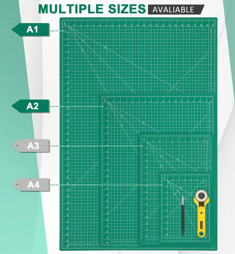 Multiple sizes of Density Upgraded 18x24 Self Healing Sewing and Cutting Mat for crafts pro grade 5 ply cutting board in green.