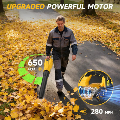 Man using Cordless Leaf Blower With 650 CFM Boost, Two 5.2Ah Batteries And Charger, great for lawn care, on leaf-covered path.