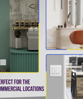 3 commercial settings featuring 2-Gang Screwless Decorator Wall Plate Outlet Cover For Outlets, Kid Safe, White, Snap On Install