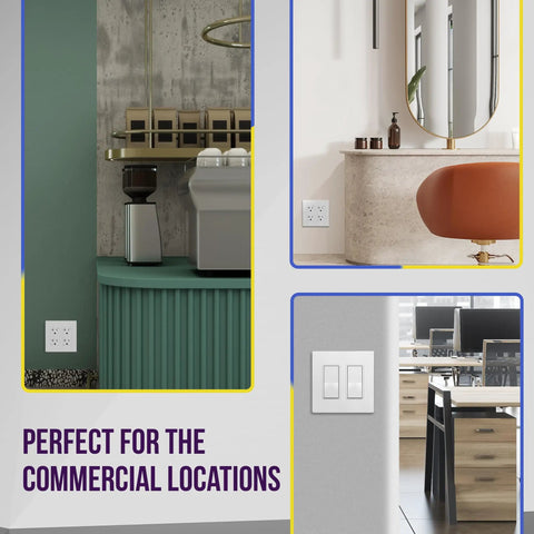 3 commercial settings featuring 2-Gang Screwless Decorator Wall Plate Outlet Cover For Outlets, Kid Safe, White, Snap On Install
