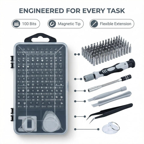 All-In-One 115-In-1 Precision Screwdriver Set With 100 Bits And Opening Tools, rugged case, engineered for electronics repair