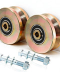 2 Pack 4 Inch Heavy Duty Sliding Gate Rollers With V Groove Track Design Double Sealed Bearings 3300 Lb Capacity and mounting bolts.