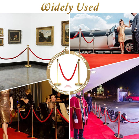 Collage of gold stanchions with red velvet ropes for crowd control barriers at events, showing different setups and uses.