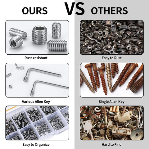 Comparison of stainless steel socket head screw set 300 pcs Allen hex cap screws kit with metric M3 M4 M5 M6 M8 sizes versus other screws.