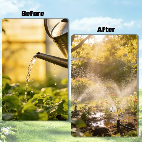 Comparison of watering methods: manual watering before and 2-Piece Half-Inch All-Metal Brass Impact Sprinkler Heads With Heavy-Duty Build 360 Degree Adjustable Coverage after