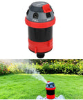 Badass Rotary Gear Drive Lawn And Garden Sprinkler Head with smooth rolling wheels spraying water on grass.