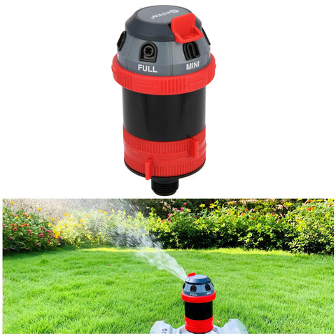 Badass Rotary Gear Drive Lawn And Garden Sprinkler Head with smooth rolling wheels spraying water on grass.