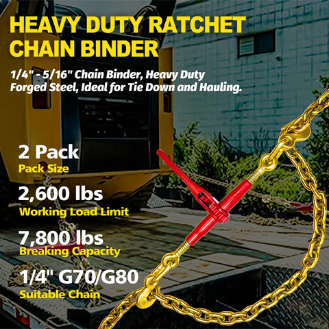 Heavy Duty Ratchet Chain Binder One Quarter To Five Sixteenths Inch, 2 Pack With Clevis Hooks, 2,600 Lbs Working Load