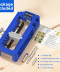 Adjustable Door Hinge Jig And Router Template For 3 To 5 Inch Hinges slots into square or radius corners with package contents.