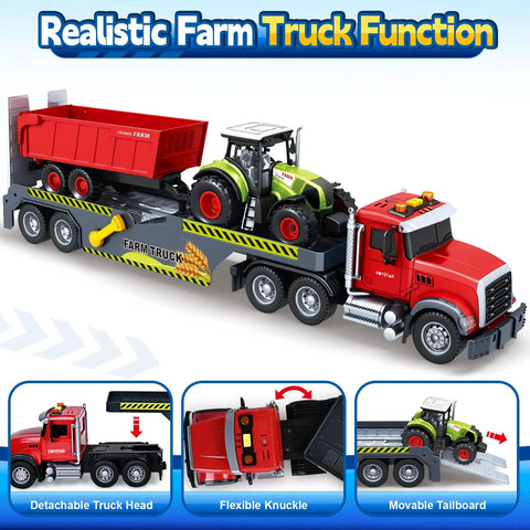 3 In 1 21 Inch Semi Flatbed Truck Toy With Farm Truck For Toddlers And Kids Ages 3 4 5 6 7 Friction Powered Vehicles