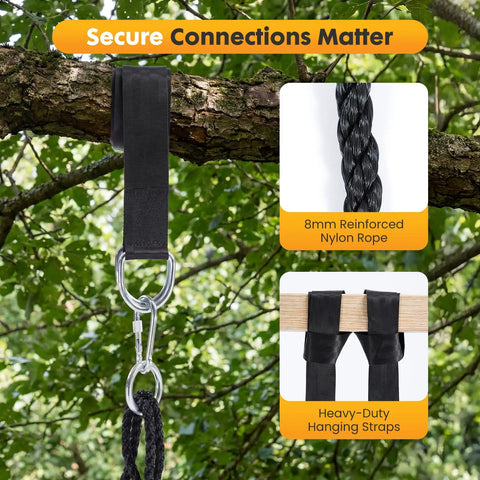 Close-up of hanging straps and 8mm reinforced nylon rope for 40 Inch Saucer Tree Swing For Kids And Adults