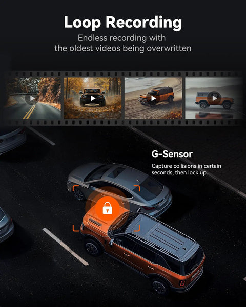 12 Inch 4K Front Dash Cam With 1080P Rear, Smart Mirror Backup System showing collision detection feature in a parking scenario.