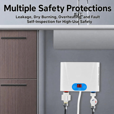 Instant Hot Water Heater Tankless 5.5Kw Electric On Demand Unit featuring touchscreen control and safety features under a sink.