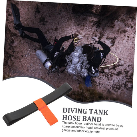 Scuba divers underwater with Heavy Duty Diving Tank Strap Rubber Band for Scuba Tanks Easy Install Wall Mounted Holder Wear Resistant Protection Keeps Gear Secure Must-Have Dive Accessory.