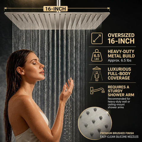 Oversized 16 Inch Rain Shower Head Brushed Nickel Finish Ultra Thin 304 Stainless Steel High Pressure Ceiling Mount Spa Style Full Coverage For Large Bathrooms