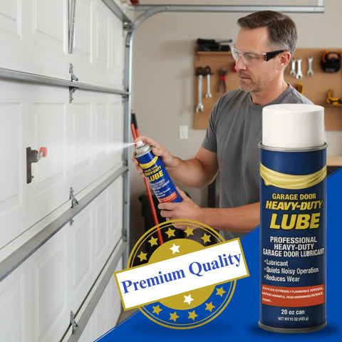 Man using Heavy Duty Garage Door Lubricant 20 Oz Long Lasting Multi Purpose Rust Preventative Water Resistant Lube For Springs Rollers Hinges And Locks Keeps Your Garage Door Quiet Smooth And Ready For Any Season on a garage door.