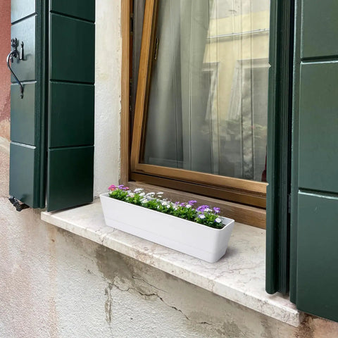 16 Inch Window Box Planter With Tray Lightweight Plastic Rectangular Pot For Balcony Or Windowsill Great For Herbs Succulents Cacti Flowers Or Faux Plants With Drainage Holes And Attached Saucer on windowsill with blooming flowers.