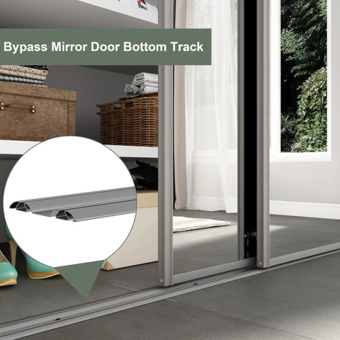 Bottom Track For Bypass Mirror Closet Doors In Gray Metal, 72 Inch Length And Two And Eleven Sixteenths Inch Width, Roll Formed Steel Sliding Door Guide Rail Fits Convex Roller Assemblies, Available In 48 And 60 Inch Lengths shown installed beneath closet doors.