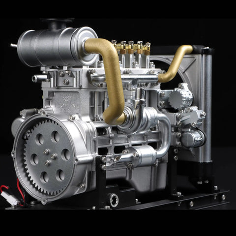 Boss Mini Diesel Engine Model Kit With Real Working OHV Four Cylinder Mechanism Slick Metal DIY Assembly Set Legit Educational Mechanical Engineering Toy For Gearheads And Makers 300 Pieces detailed engine view with metallic components and pipes.
