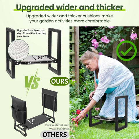 Heavy Duty 19 Inch Garden Stool And Kneeler With Upgraded Wider 1.6 Inch Cushion in use by gardener kneeling