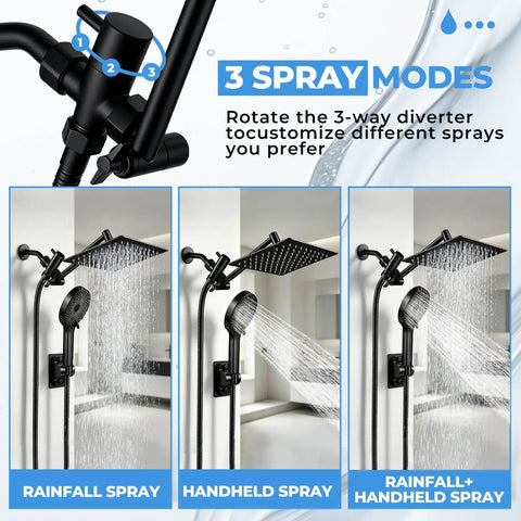 Eight Inch Square Rain Shower Head With Handheld Spray Combo Knockout Matte Black Finish Tough As Nails 304 Stainless Steel High Pressure Output And Eleven Inch Adjustable Arm Deliver No Sweat Comfort