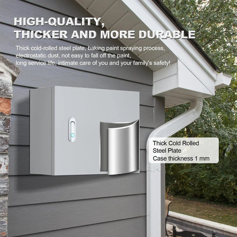Heavy Duty Metal Electrical Enclosure Box for indoor and outdoor use mounted on house wall, emphasizing dustproof protection.
