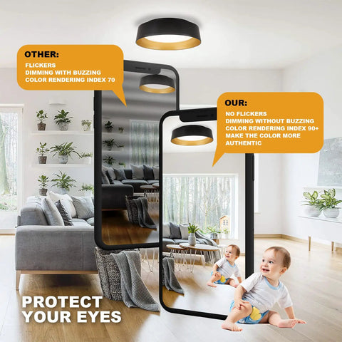 Interior with 12.5 Inch LED Flush Mount Ceiling Light 26W 1350 Lumens Dimmable With Three Color Temperatures 3000K 4000K 5000K Matte Black With Gold