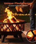 30 Inch Outdoor Fire Pit With Spark Screen And Grill, Portable Wood Burning Patio Heater in use with mesh design for airflow