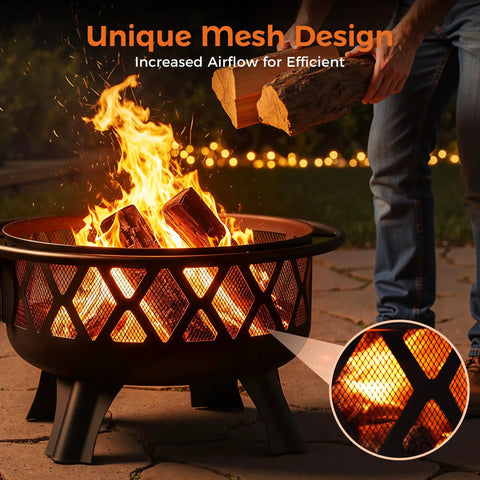 30 Inch Outdoor Fire Pit With Spark Screen And Grill, Portable Wood Burning Patio Heater in use with mesh design for airflow