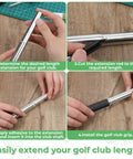 Eight Piece Aluminum Alloy Golf Club Shaft Extensions Set for Irons and Woods Putter Length Adjustment Tool in use.