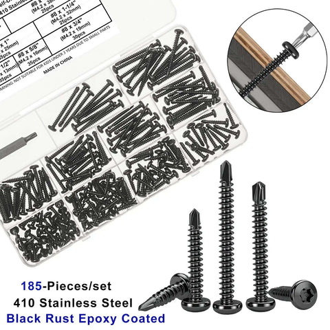 Torx Drive Self Drilling Screws Set For Metal In 410 Stainless Black Dacromet Finish, 185 Pieces Plus One T20 Bit
