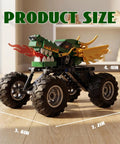 Monster Dragon Truck Building Kit For Kids Green, side view of green pull-back toy truck with dragon head and 4.4 x 7.2 x 3.8 in size
