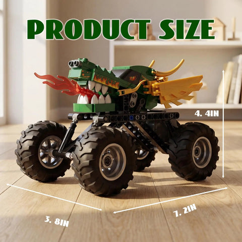 Monster Dragon Truck Building Kit For Kids Green, side view of green pull-back toy truck with dragon head and 4.4 x 7.2 x 3.8 in size