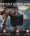 Person holding portable camera case in rugged landscape, featuring waterproof hard case with padded dividers for DJI cameras and drones.