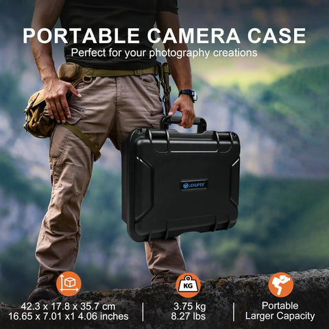 Person holding portable camera case in rugged landscape, featuring waterproof hard case with padded dividers for DJI cameras and drones.