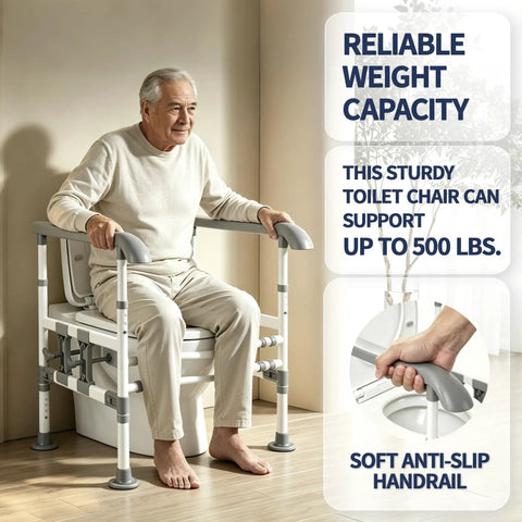 Rock Solid Toilet Safety Rails For Seniors With Heavy Duty 500 Lbs Capacity And No Sweat Drill Free Setup For Easy Bathroom Assist And Senior Trusted Elderly Support Frames, sturdy toilet chair for safe use.