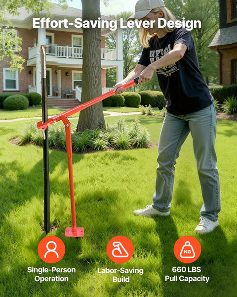 Heavy Duty Beast Steel T Post Puller For Round Posts And Sign Posts, Labor Saving Lever Design, Handles Up To 661 Pounds, Built To Remove Deep Set Wood Posts And Tough Metal Stakes, Tree Stumps, Lifting Chain Not Included. Woman using steel post puller on lawn