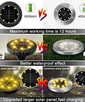 Comparison of Solar Powered Outdoor LED Disk Lights 8 Pack IP68 Waterproof vs older models with larger solar panel and better waterproofing