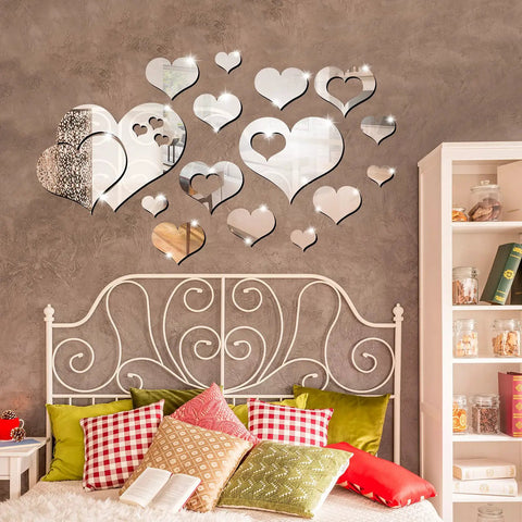 Heart Mirror Wall Decal Set 17 Pieces 3D Acrylic Reflective Stickers Removable Wall Art Decor for living room and bedroom