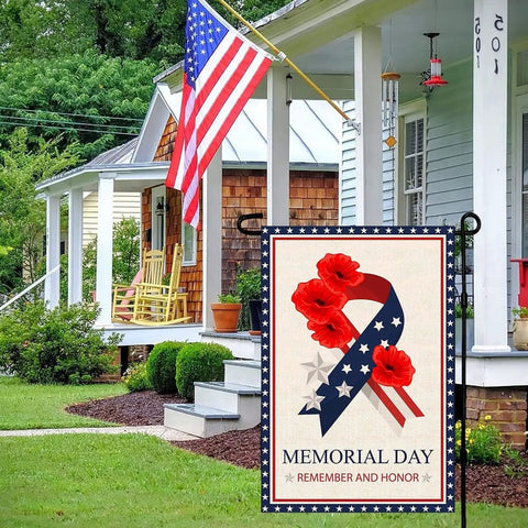 Memorial Day Garden Flag 12x18 Inch Double Sided Outdoor Patriot Flag Remembers And Honors Vets For 4th Of July Stars And Stripes Poppy Ribbon Yard Outdoor Decoration displayed on porch with American flag in background.