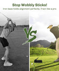 Golfers using Upgraded Golf Alignment Stick Holder With Anti Tip Base And Front Iron Weights For Rock Solid Stability Swing Plane Trainer To Fix Slices And Improve Putting Golf Training Aid For Consistent Swings on a golf course.