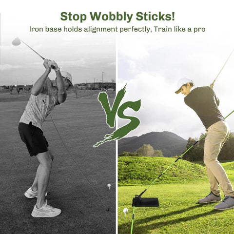 Golfers using Upgraded Golf Alignment Stick Holder With Anti Tip Base And Front Iron Weights For Rock Solid Stability Swing Plane Trainer To Fix Slices And Improve Putting Golf Training Aid For Consistent Swings on a golf course.