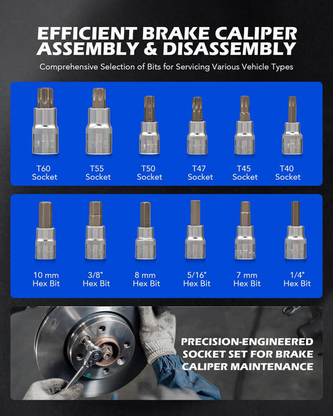 All In One 34 Piece Brake Caliper Tool Set With 11 Adapters Swivel Pad Spreader Piston Compressor Tools Brake Line Cutter And Bender For Easy Caliper Service showcasing various socket sizes and hex bits for efficient brake maintenance.