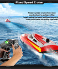 2.4Ghz RC Speed Boat With Dope 390 Motor on water, shown with remote controller in hand for fixed-speed cruise function