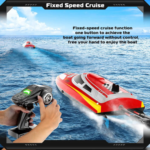 2.4Ghz RC Speed Boat With Dope 390 Motor on water, shown with remote controller in hand for fixed-speed cruise function