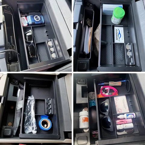 Center Console Organizer Tray Fits GMC Sierra 2014 To 2018 And Yukon Tahoe Suburban Silverado 2015 To 2020 Armrest Storage Box Replaces 22817343 Black Durable Easy To Install displaying organized items in vehicle console.