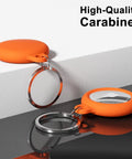 Neon Orange Silicone AirTag Keychain Case With Ring Waterproof AirTag Holder Durable Full Body Cover For Kids And Luggage Car Pet Collar Travel Ready Must Have Anti Fingerprint Dust Proof Lightweight displayed on a surface with attached key ring.