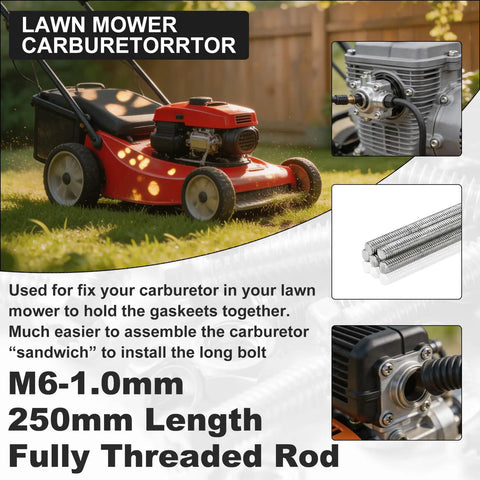 250mm M6 1.0 Threaded Rods 304 Stainless Steel Right Hand Fully Threaded Screw Rods For Lawn Mower Carburetor And Mechanical Fastening Replacement Studs 5 Piece Set shown with lawn mower engine applications